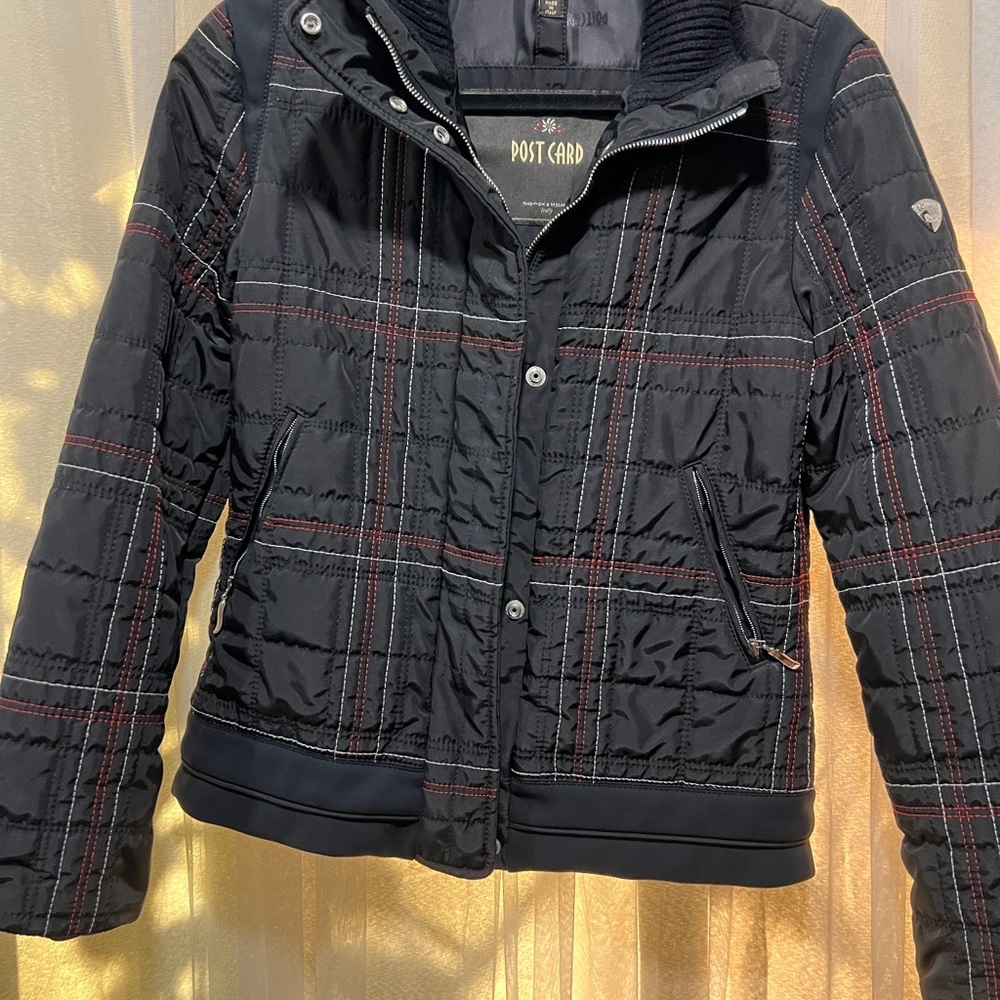 Post Card Black Quilted Jacket with Red Stitching